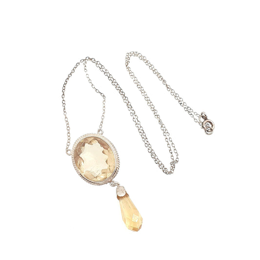 Antique Victorian Sterling Silver Citrine Pendant Necklace Genuine Quartz Lavaliere Gemstone Art Nouveau Vintage Women Jewelry Jewellery