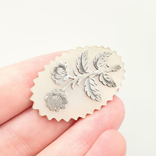 Antique Victorian Mother of Pearl Solid Silver Brooch Floral Spray Flower White Natural Shell Vintage Handmade Jewelry Vintage Jewellery
