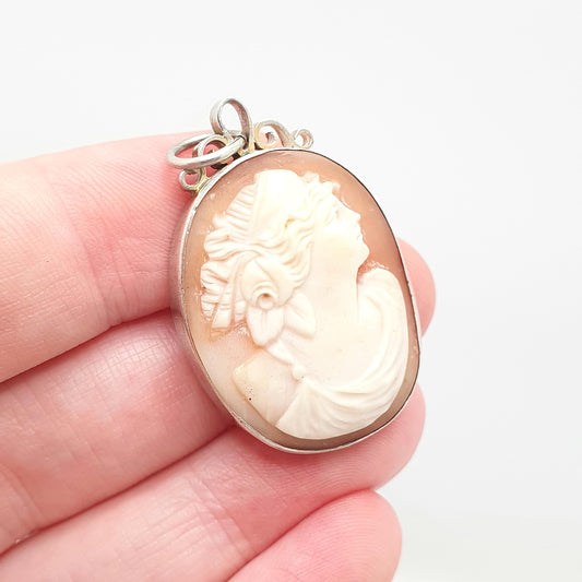 Antique Victorian Solid Silver Aphrodite Cameo Pendant Necklace Venus Goddess Hand Carved Shell Italian 1800s Vintage Jewelry Jewellery
