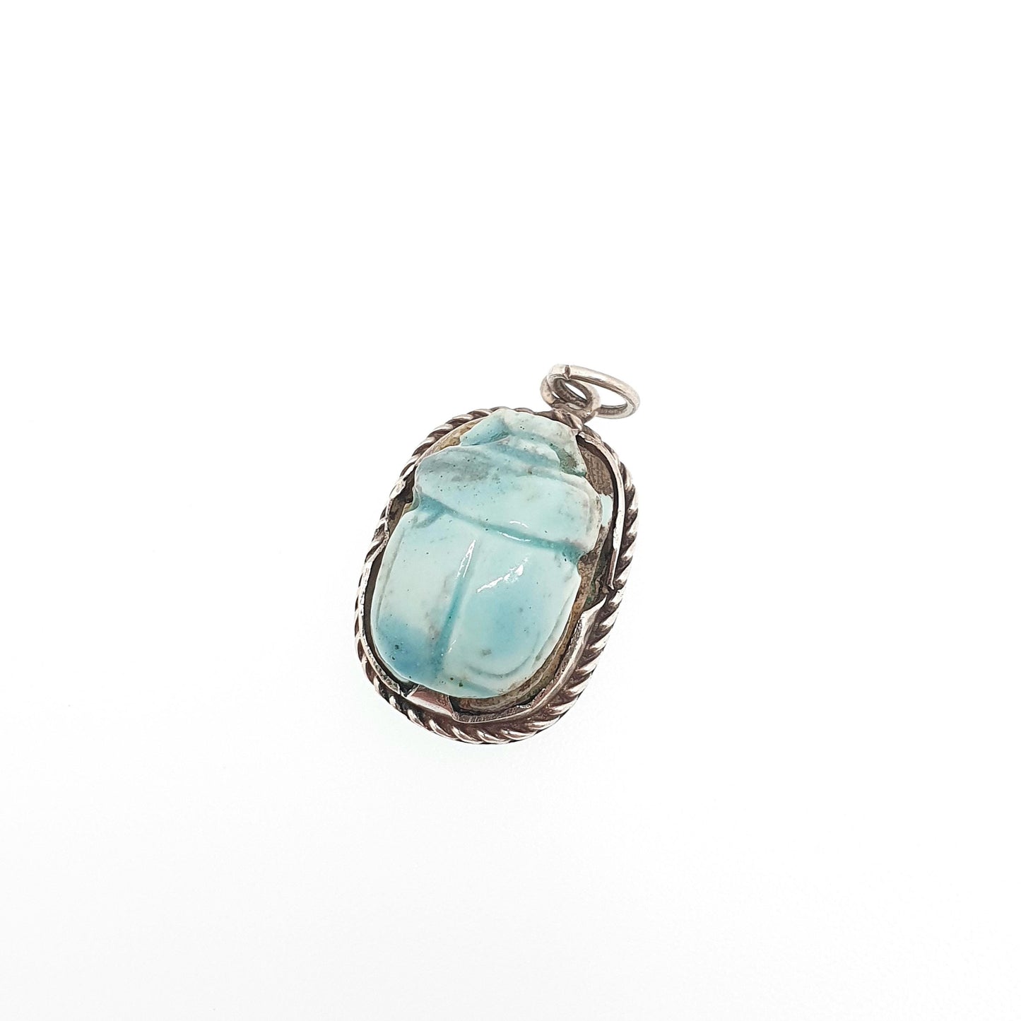 Old Vintage Solid Silver Scarab Beetle Necklace Pendant Faience Enamel Egyptian Revival Insect Animal Mens Womens Jewelry Jewellery