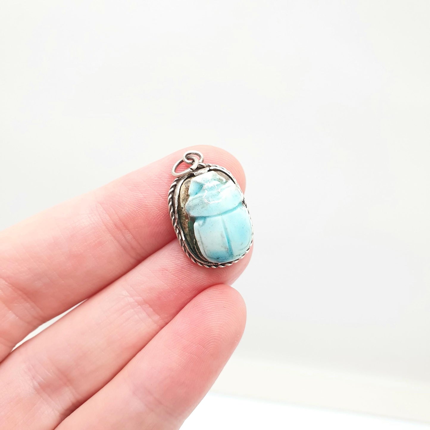 Old Vintage Solid Silver Scarab Beetle Necklace Pendant Faience Enamel Egyptian Revival Insect Animal Mens Womens Jewelry Jewellery