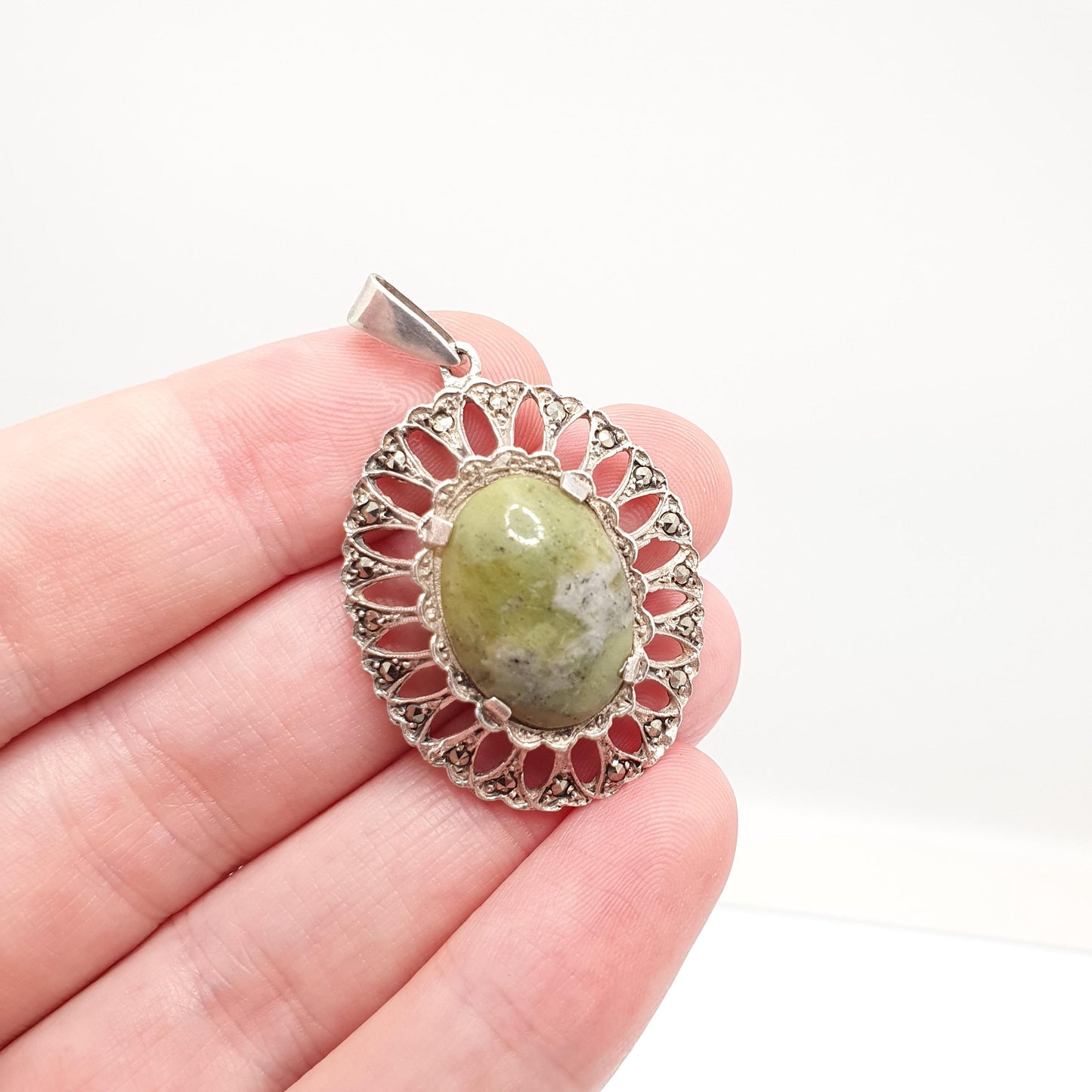Vintage Sterling Silver Connemara Marble Necklace Pendant Art Deco Style Marcasite Irish Green Hardstone Womens Vintage Jewelry Jewellery