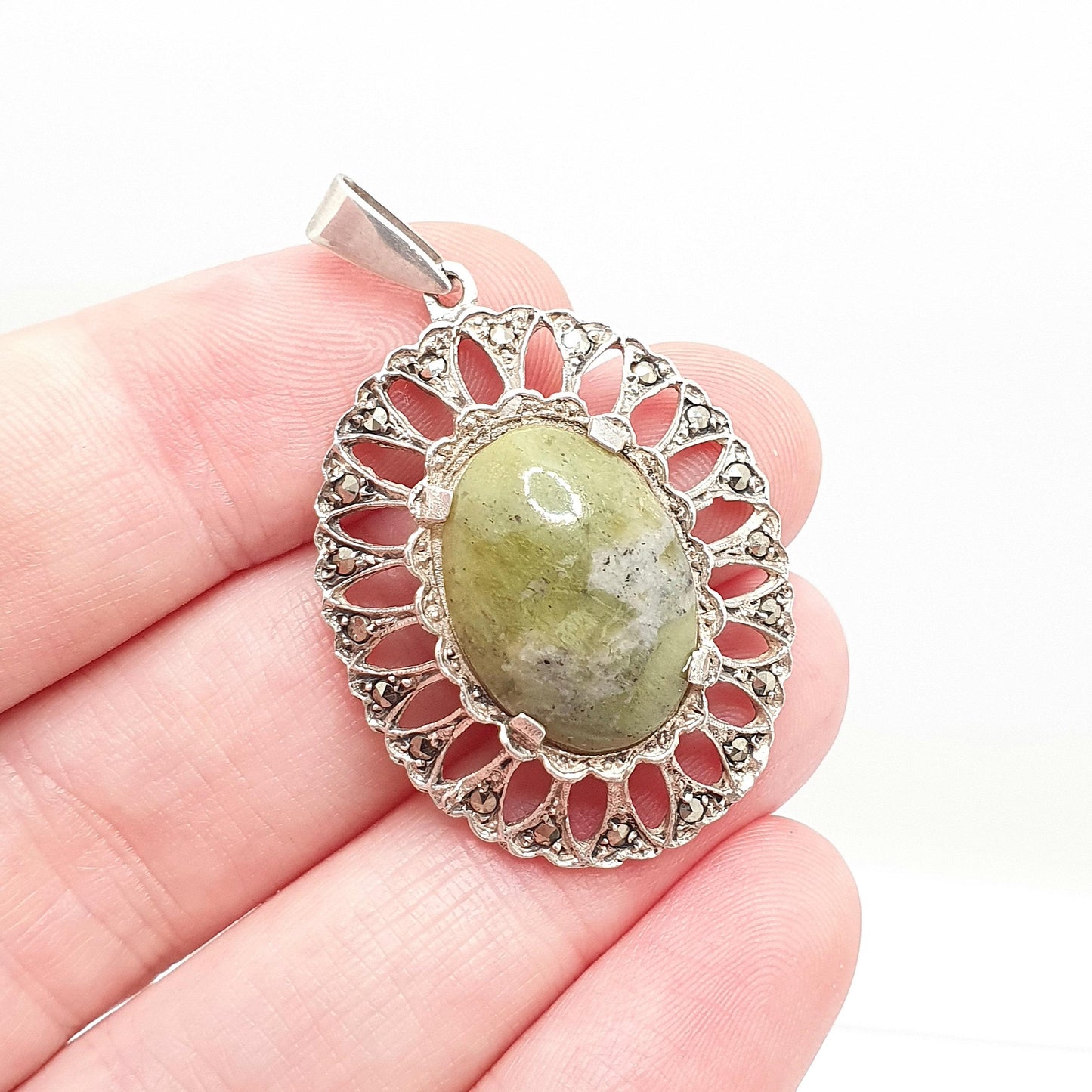 Vintage Sterling Silver Connemara Marble Necklace Pendant Art Deco Style Marcasite Irish Green Hardstone Womens Vintage Jewelry Jewellery