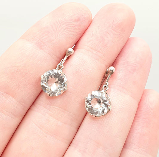 Antique Solid Silver Diamond Paste Earrings Art Deco Solitaire Dangling Drop Hanging Round Cut Vintage Fine Rare Womens Jewelry Jewellery