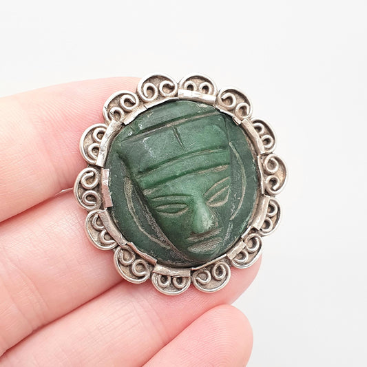 Old Vintage Solid Silver Pharoah Brooch Fluorite Cameo Handmade Egyptian Egypt Large Big Green Hardstone Authentic Womens Jewelry Jewellery