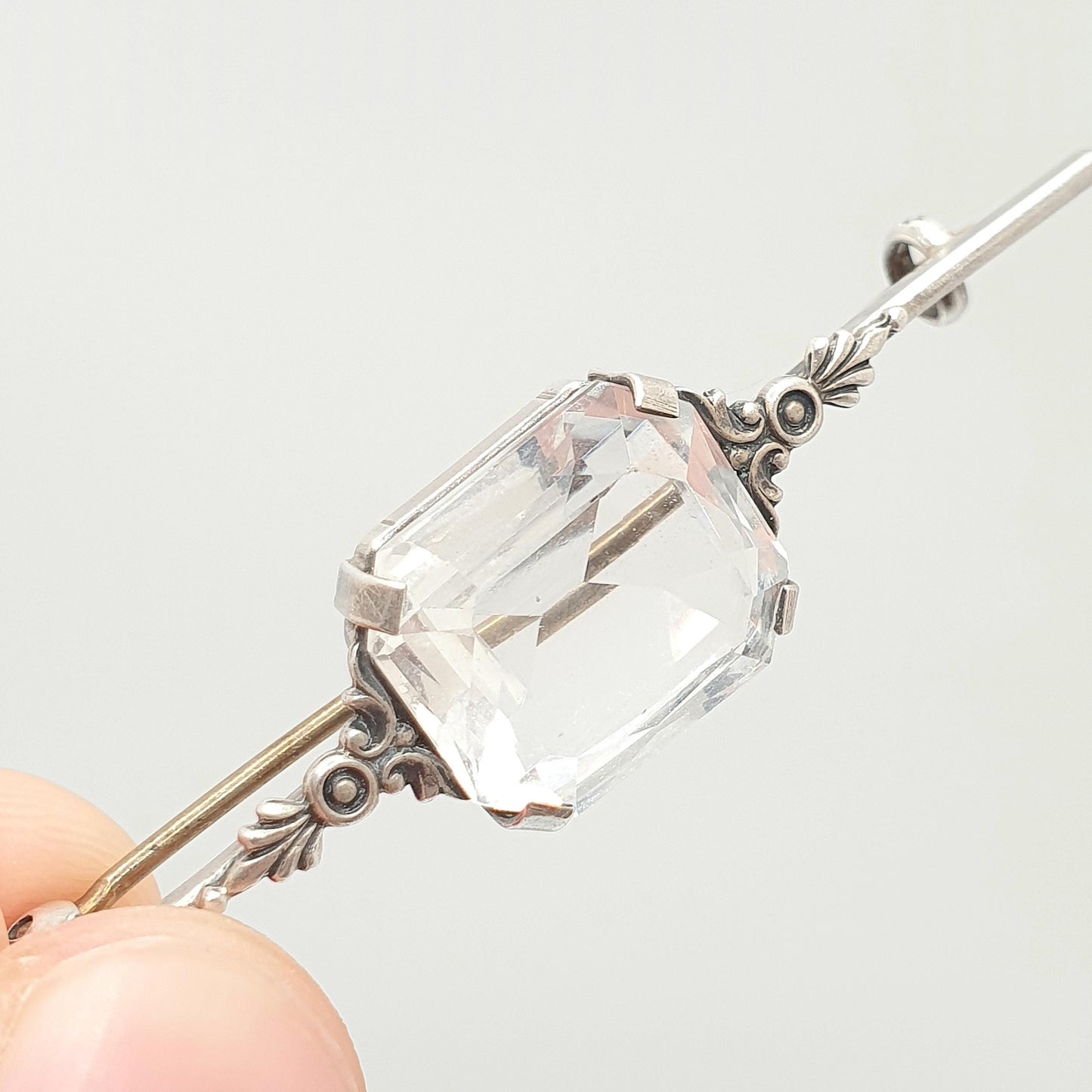 Antique Solid Silver Rock Crystal Brooch Art Deco White Quartz Rectangular Cut Gemstone Clear Vintage Big 1920s Womens Jewelry Jewellery