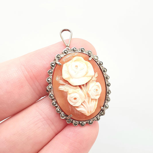 Antique Sterling Silver Flower Cameo Pendant Brooch Necklace Art Deco Marcasite Hand Carved Shell Rare Italian Jewelry Womens Jewellery