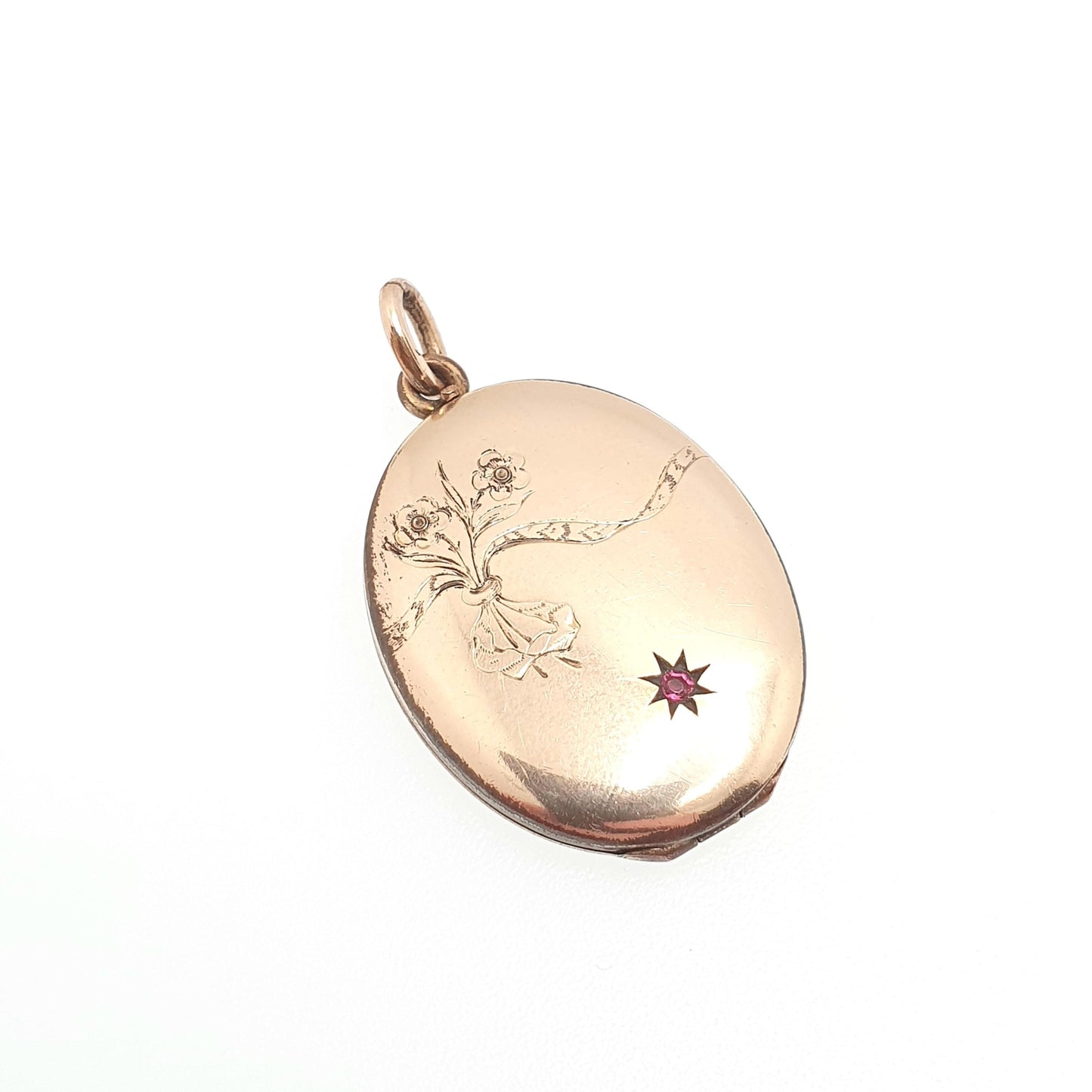 Antique Rolled Gold Locket Ruby Paste Star Necklace Pendant Gold Filled Flower Oval Gift Edwardian Round Vintage Jewellery Jewelry