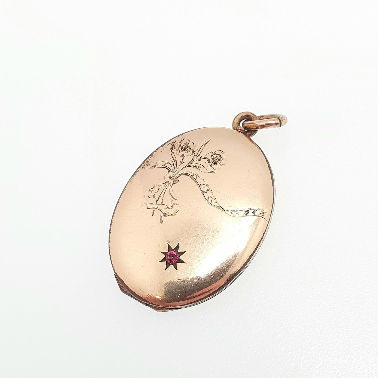 Antique Rolled Gold Locket Ruby Paste Star Necklace Pendant Gold Filled Flower Oval Gift Edwardian Round Vintage Jewellery Jewelry