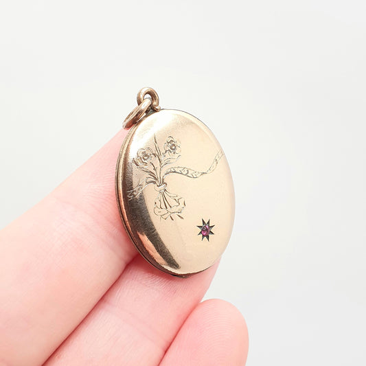 Antique Rolled Gold Locket Ruby Paste Star Necklace Pendant Gold Filled Flower Oval Gift Edwardian Round Vintage Jewellery Jewelry
