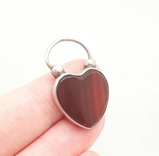 Antique Sterling Silver Victorian Padlock Agate Lock Clasp Bracelet Scottish Charm Heart Shape Gemstone Large Big 1800s Jewellery Jewelry