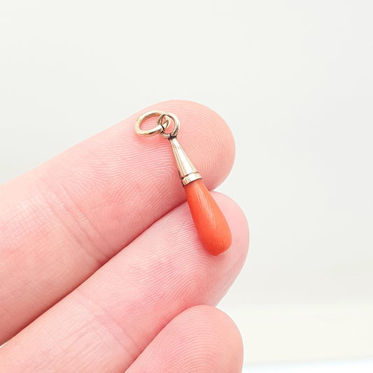 Antique 9ct 9kt Gold Victorian Coral Necklace Pendant Orange Salmon Teardrop Carved Drop Solid 9k 375 Womens Vintage Jewelry Jewellery Retro