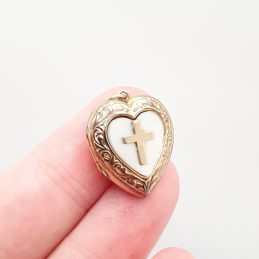 Antique 9ct 9k Gold Heart Locket Mother of Pearl Crucifix Art Deco Solid 9kt Back & Front 1920s Necklace Photo Pendant Jewelry Jewellery