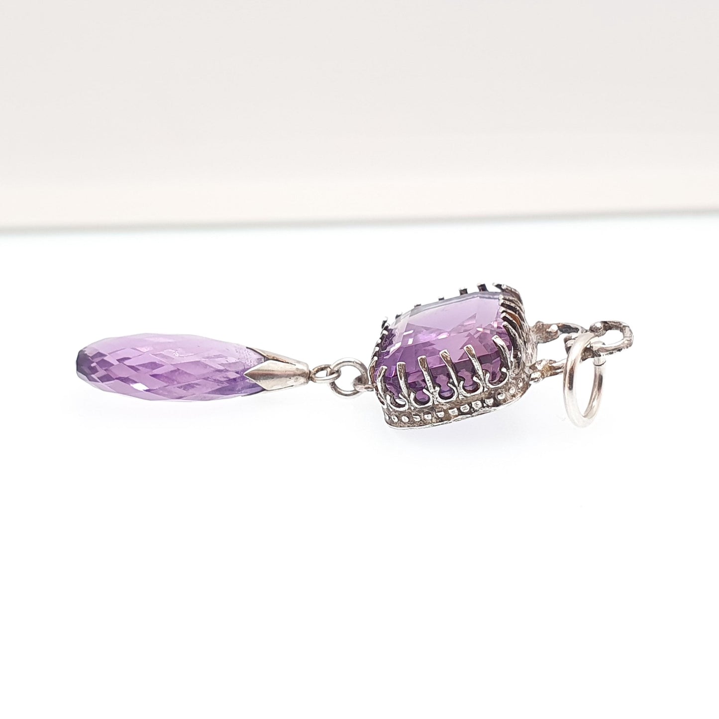Antique Victorian Solid Silver Amethyst Pendant Necklace Rectangular Drop Genuine Real Quartz Large Gemstone Vintage Jewellery Jewelry