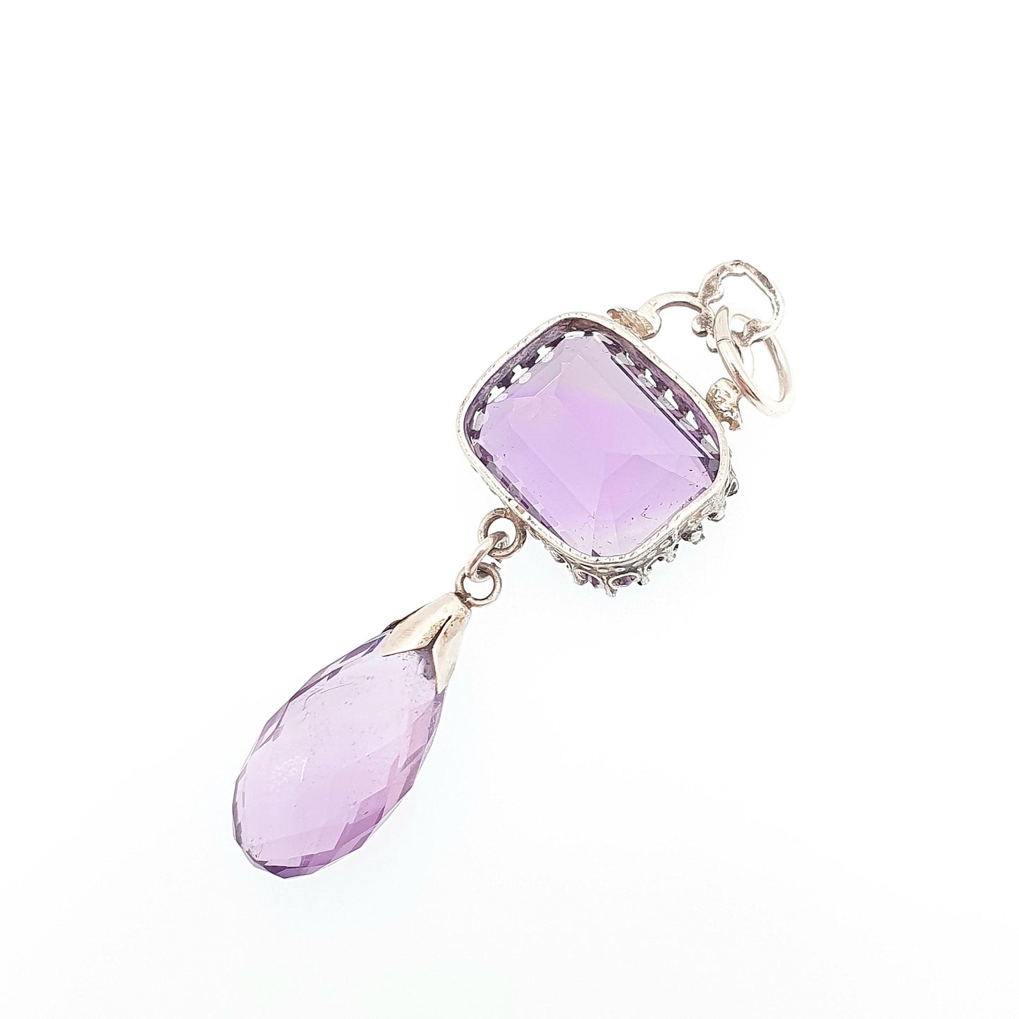 Antique Victorian Solid Silver Amethyst Pendant Necklace Rectangular Drop Genuine Real Quartz Large Gemstone Vintage Jewellery Jewelry