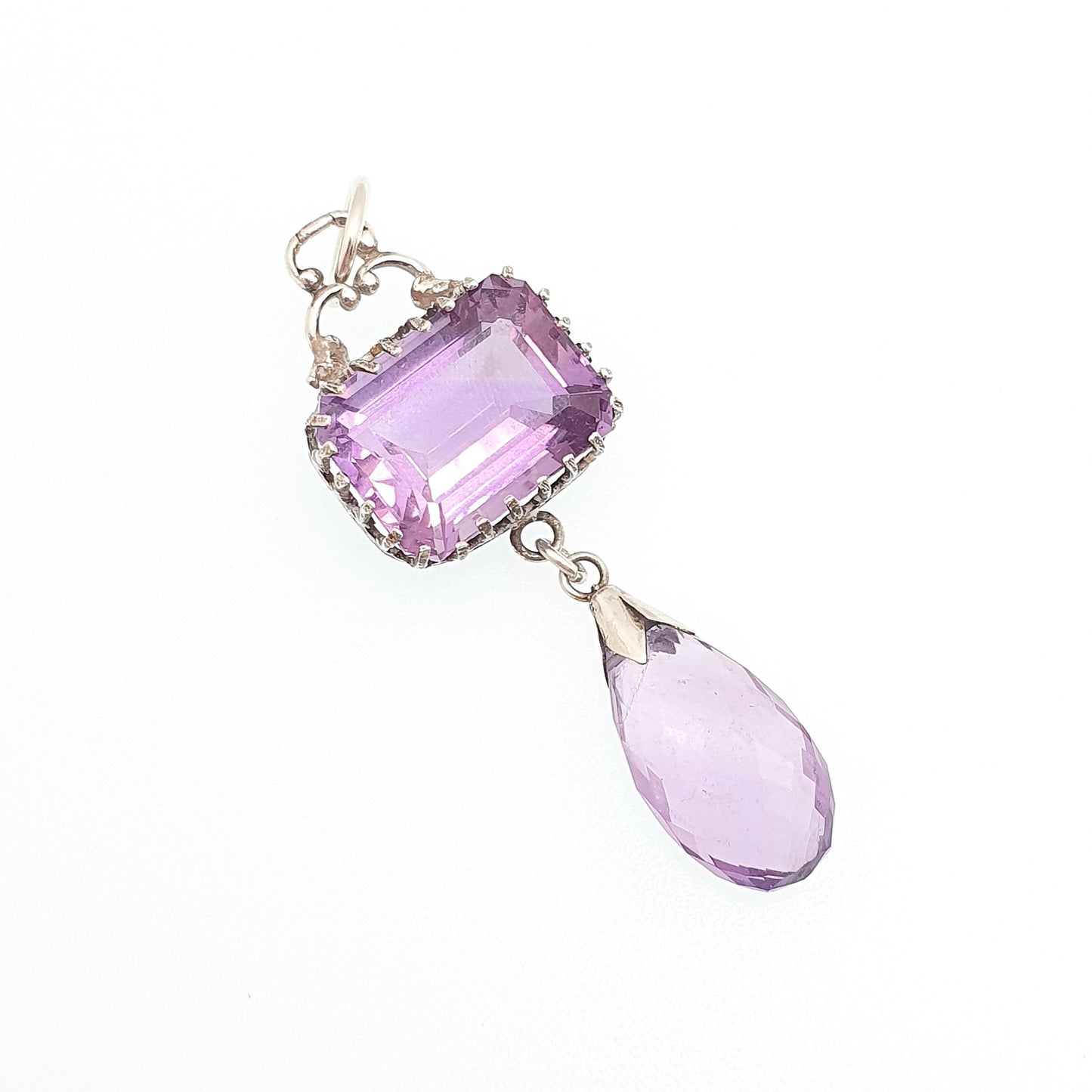 Antique Victorian Solid Silver Amethyst Pendant Necklace Rectangular Drop Genuine Real Quartz Large Gemstone Vintage Jewellery Jewelry