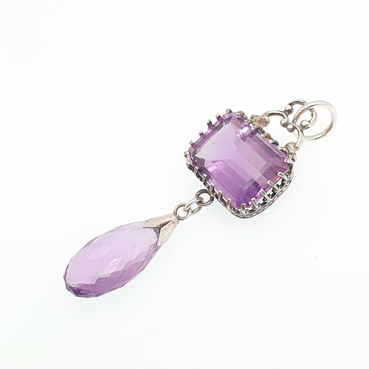 Antique Victorian Solid Silver Amethyst Pendant Necklace Rectangular Drop Genuine Real Quartz Large Gemstone Vintage Jewellery Jewelry