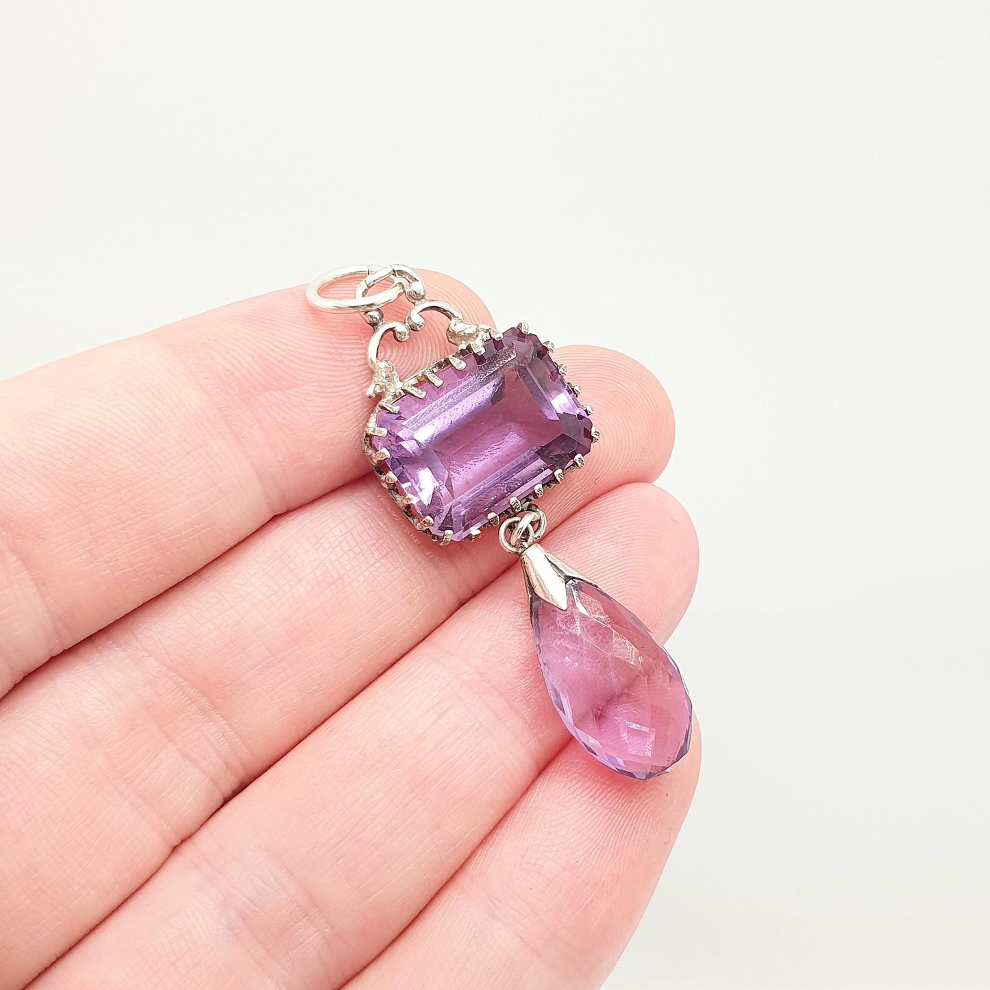 Antique Victorian Solid Silver Amethyst Pendant Necklace Rectangular Drop Genuine Real Quartz Large Gemstone Vintage Jewellery Jewelry