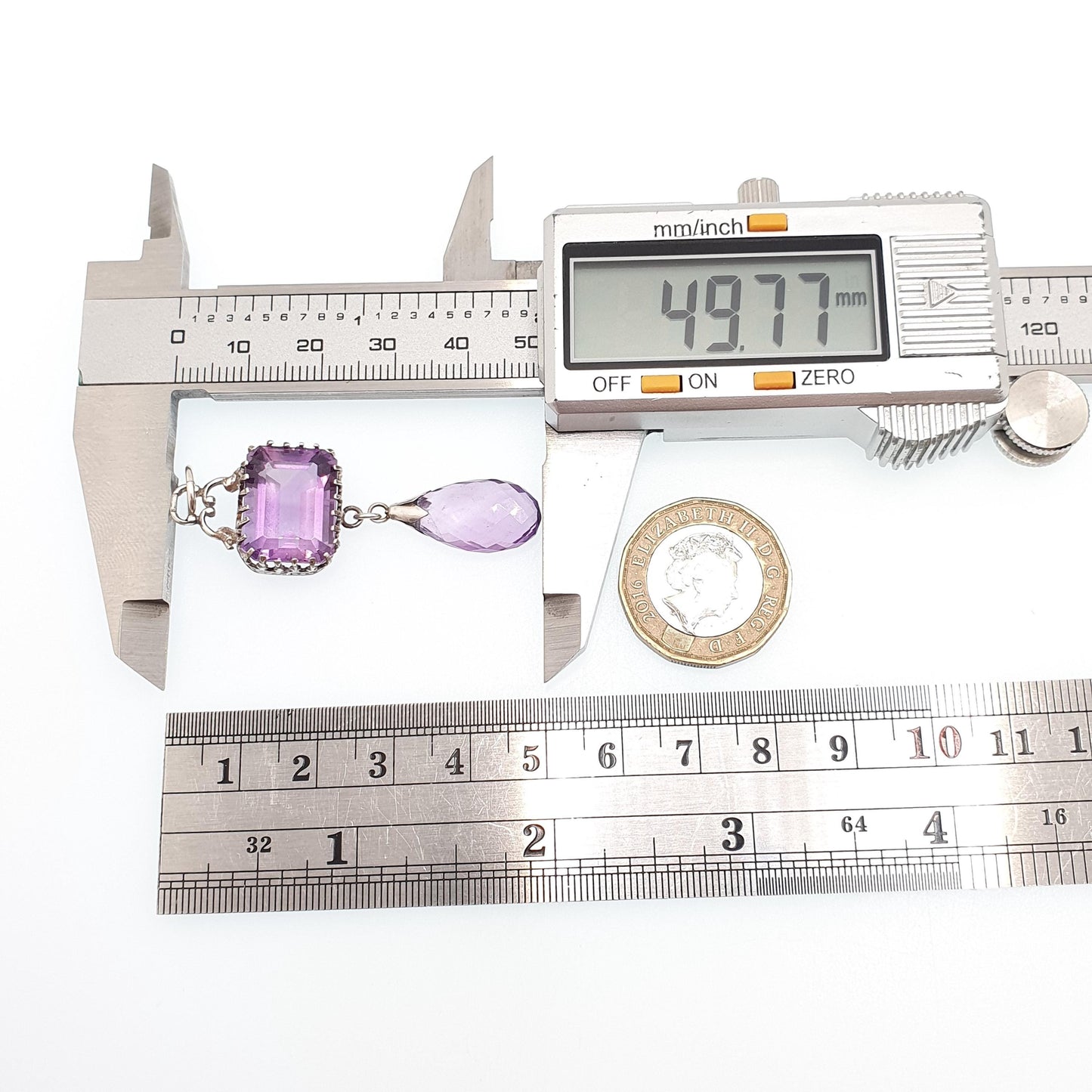 Antique Victorian Solid Silver Amethyst Pendant Necklace Rectangular Drop Genuine Real Quartz Large Gemstone Vintage Jewellery Jewelry