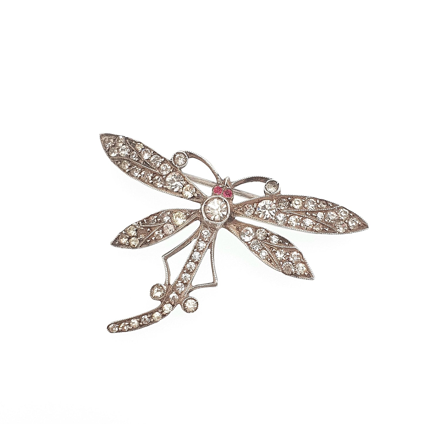 Antique Sterling Silver Dragonfly Brooch Ruby & Diamond Paste Edwardian Insect Fly 1920s Vintage Womens Red Jewelry Bug Jewellery