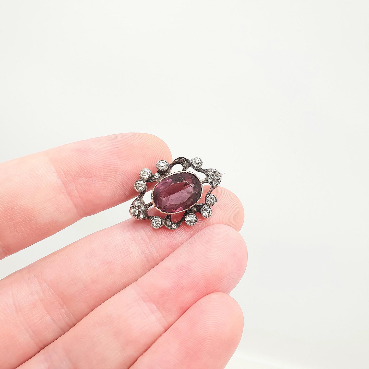 Antique Solid Silver Amethyst Paste Brooch Victorian Cluster Diamond Pastes Oval Shape Genuine 1800s Vintage Womens Ladies Jewelry Jewellery