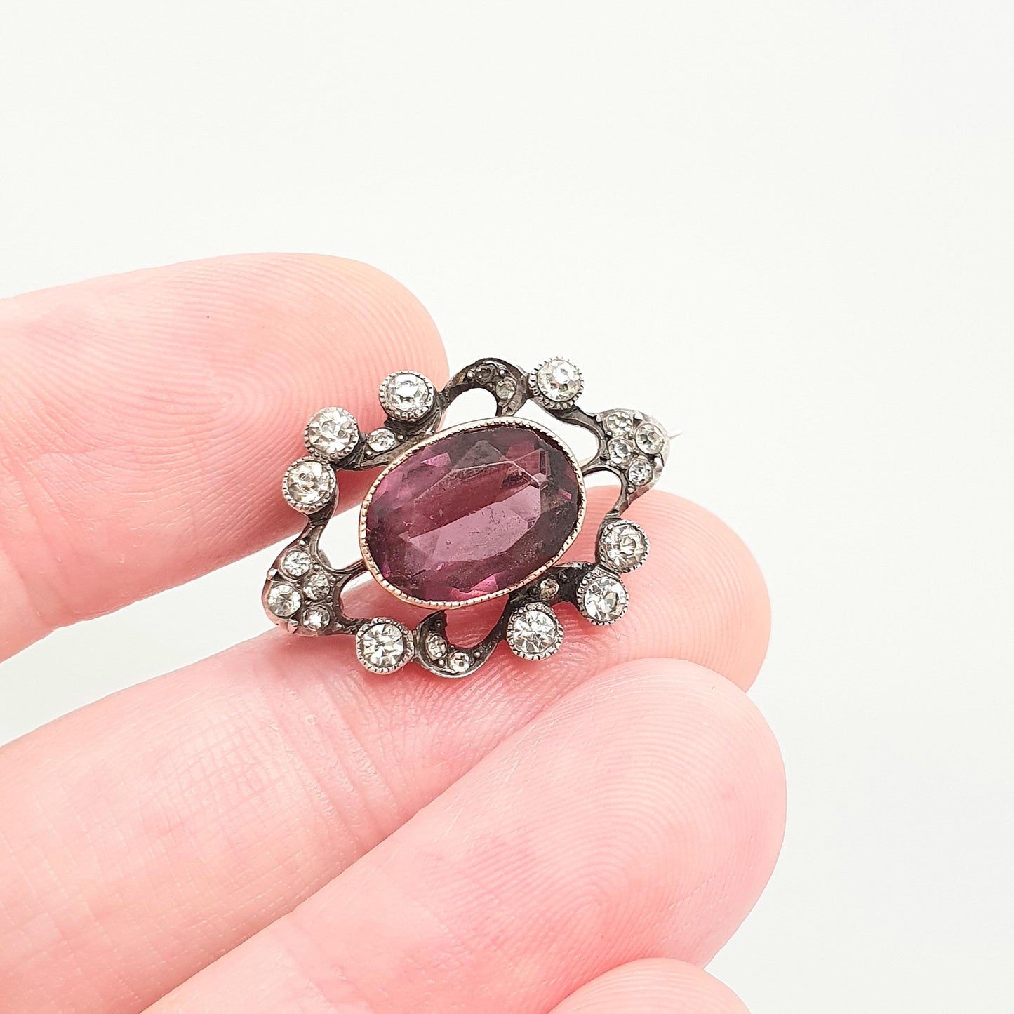 Antique Solid Silver Amethyst Paste Brooch Victorian Cluster Diamond Pastes Oval Shape Genuine 1800s Vintage Womens Ladies Jewelry Jewellery