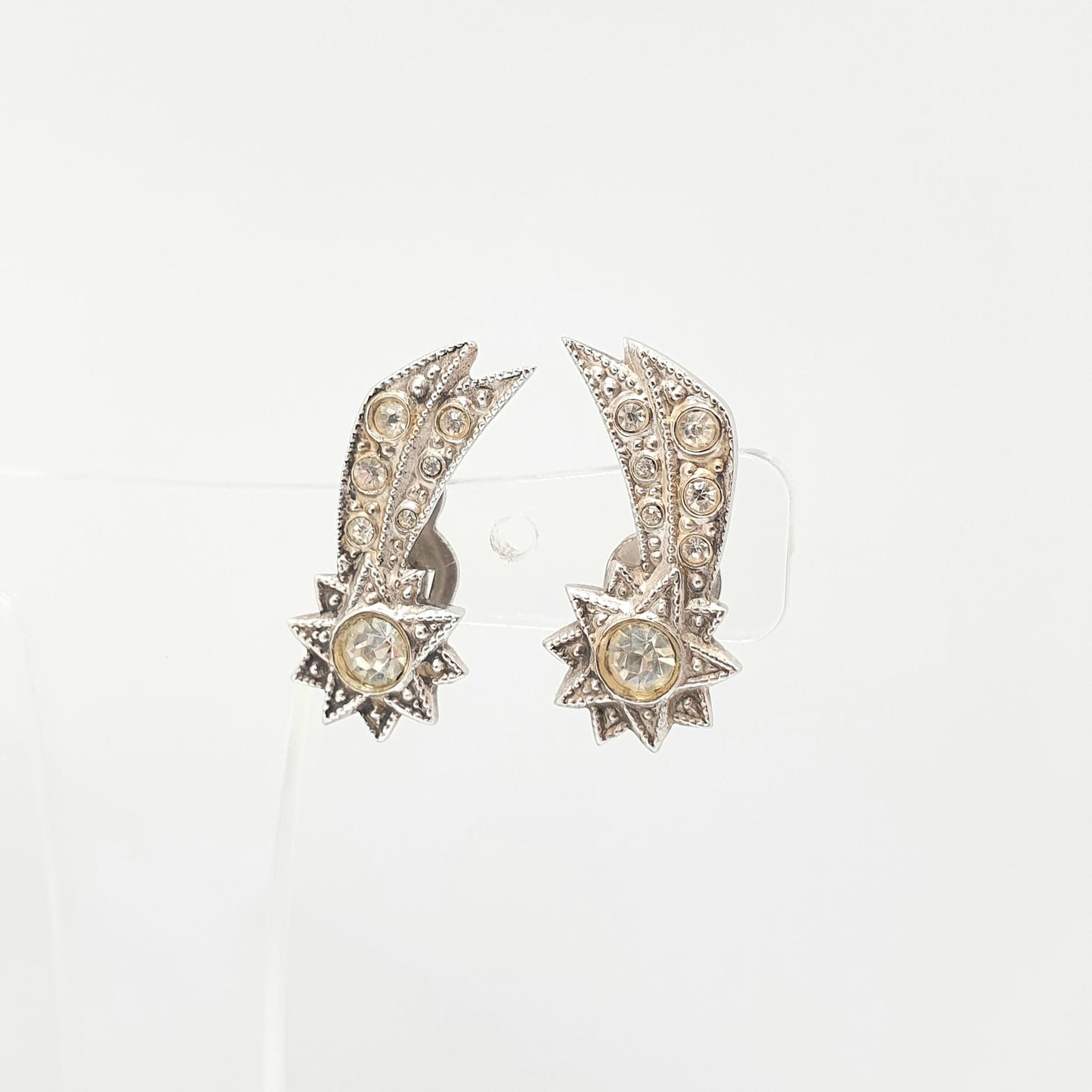 Antique Solid Silver Shooting Star Earrings Diamond Paste Art Deco Clip On 1920s Vintage Sparkly Celestial Stars Night Jewelry Jewellery