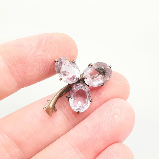 Antique Amethyst Clover Brooch Natural Gemstone Gold Tone Victorian Lucky Irish Oval Cut Purple Quartz Pin Vintage 1800s Jewelry Jewellery
