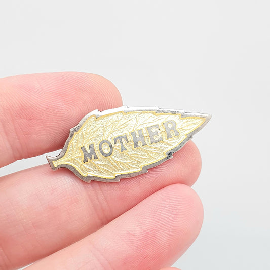 Antique MOTHER Sterling Silver Brooch Yellow Enamel Leaf Sweetheart Pin Mothers Day Gift Vintage Mum Ma Mam Womens Jewelry Jewellery