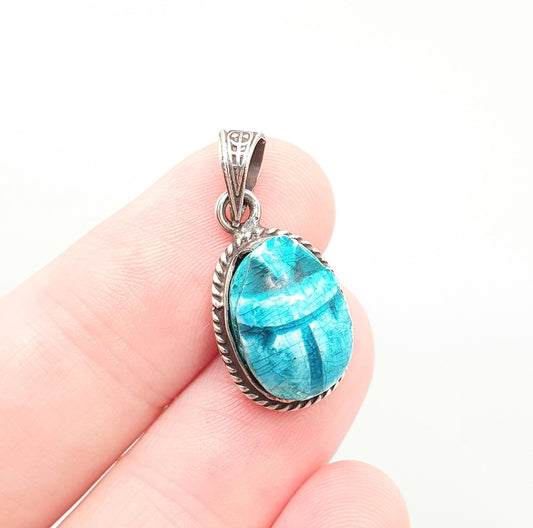 Vintage Solid Silver Faience Scarab Beetle Necklace Pendant Egyptian Revival Egypt Bug Animal Mens Womens Jewelry Jewellery