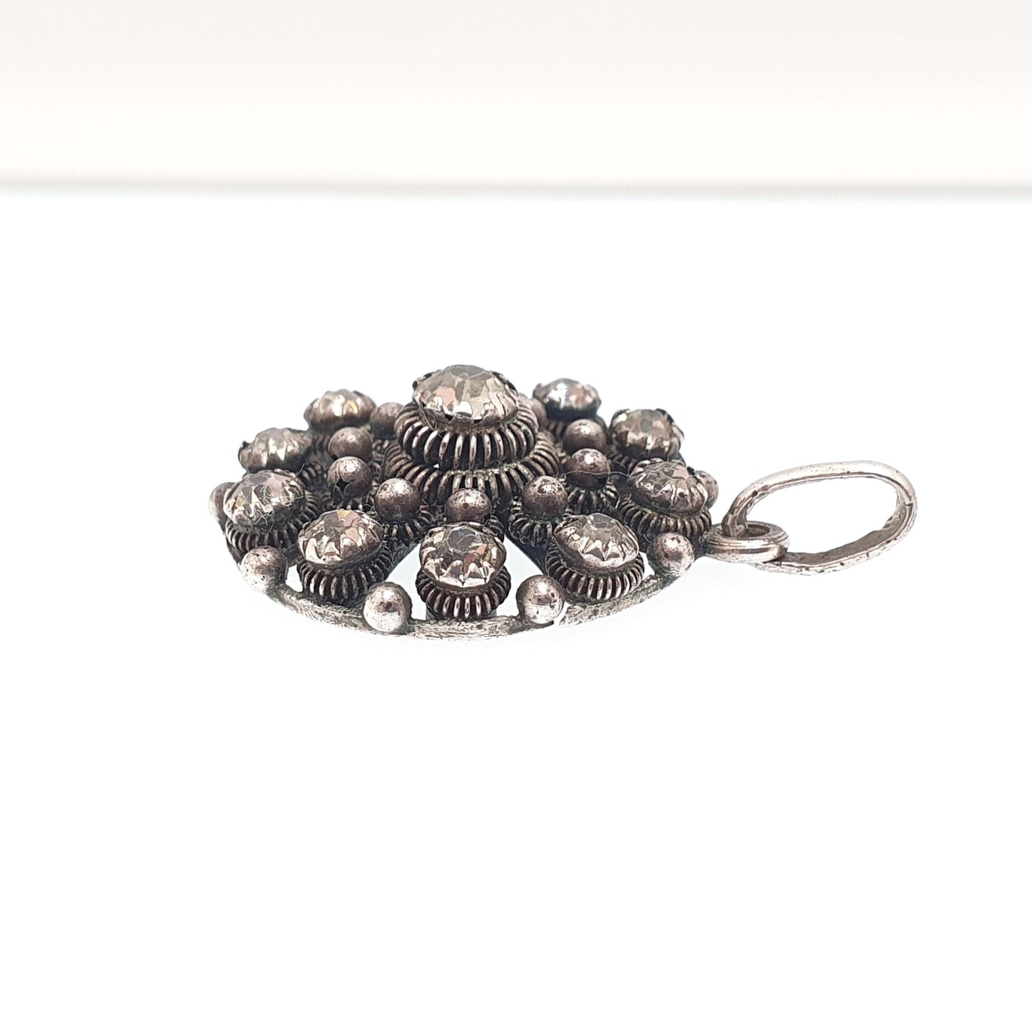 Antique Solid Silver Diamond Paste Pendant Necklace Scandinavian Filigree Norwegian Solje Style Foiled Sparkly Womens Jewelry Jewellery