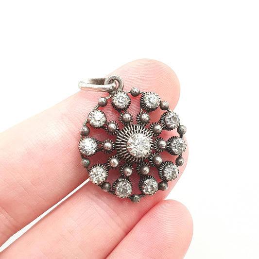 Antique Solid Silver Diamond Paste Pendant Necklace Scandinavian Filigree Norwegian Solje Style Foiled Sparkly Womens Jewelry Jewellery