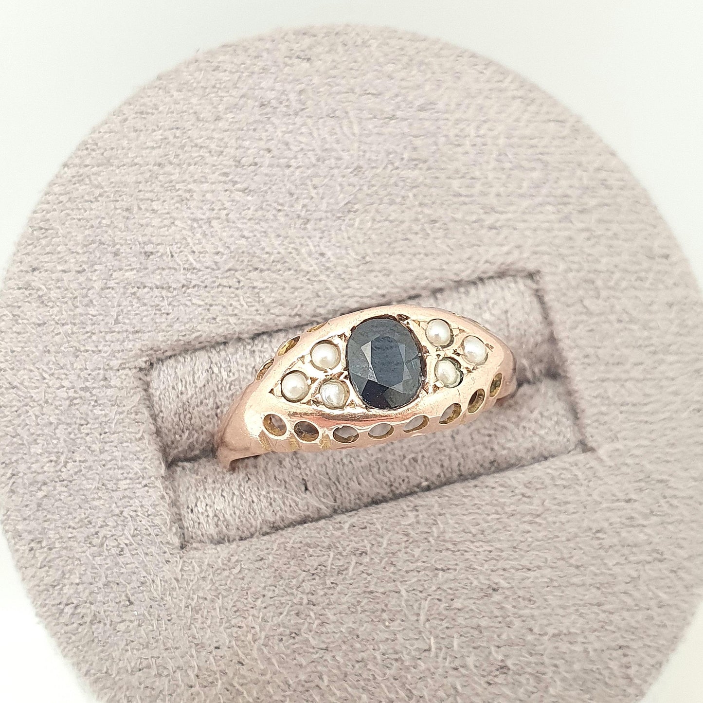Antique 9ct Rose Gold Sapphire Ring 1918 Hallmark Seed Pearl  Solid 375 9k 9kt Blue Oval Gemstone Womens Vintage Jewelry Jewellery