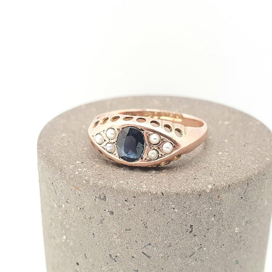 Antique 9ct Rose Gold Sapphire Ring 1918 Hallmark Seed Pearl  Solid 375 9k 9kt Blue Oval Gemstone Womens Vintage Jewelry Jewellery