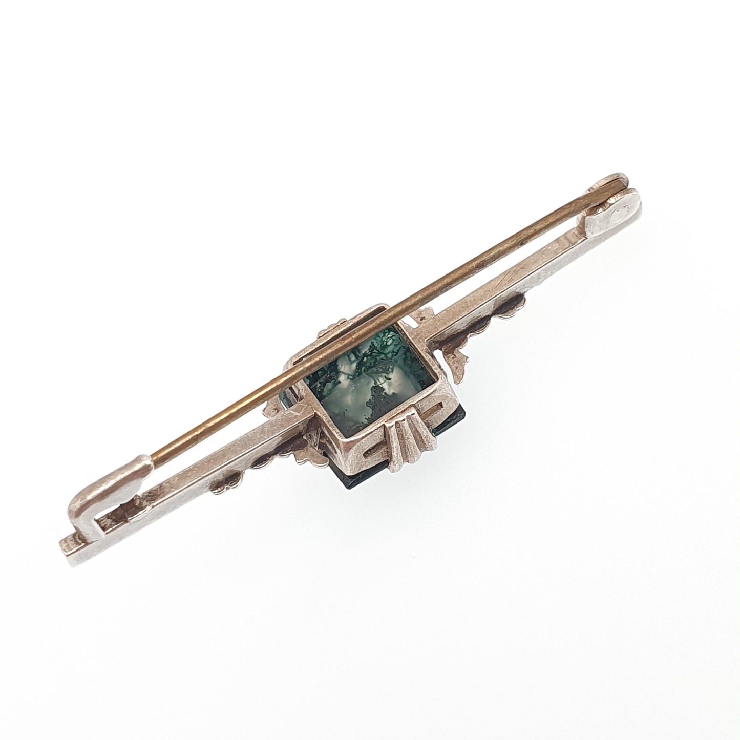 Antique Moss Agate Solid Silver Brooch Art Deco Natural Square Quartz Veined Oval Vintage 1920s Rare Gemstone Womens Jewelry Jewellery