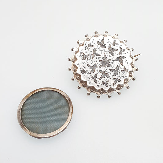 Antique Victorian Solid Silver Mourning Locket Brooch Pin Opening Glass Rear Picture Hair Etruscan 1800s Womens Jewelry Jewellery