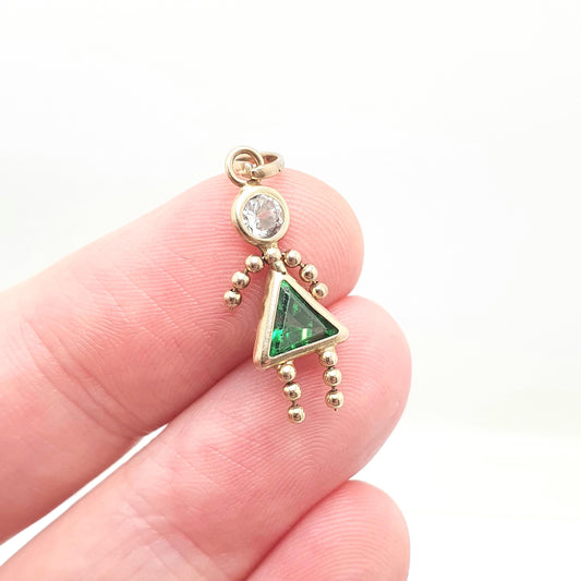 Vintage 10k Gold Girl Ragdoll Doll Pendant Necklace Charm Emerald Paste Solid 417 10kt Necklace Cute Retro Womens Jewelry Jewellery