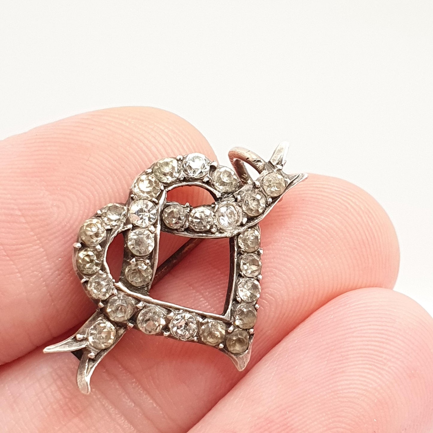 Antique Victorian Solid Silver Heart Brooch Diamond Paste Winged Ribbon Vintage 1800s Love Gift Romantic Womens Jewelry Jewellery