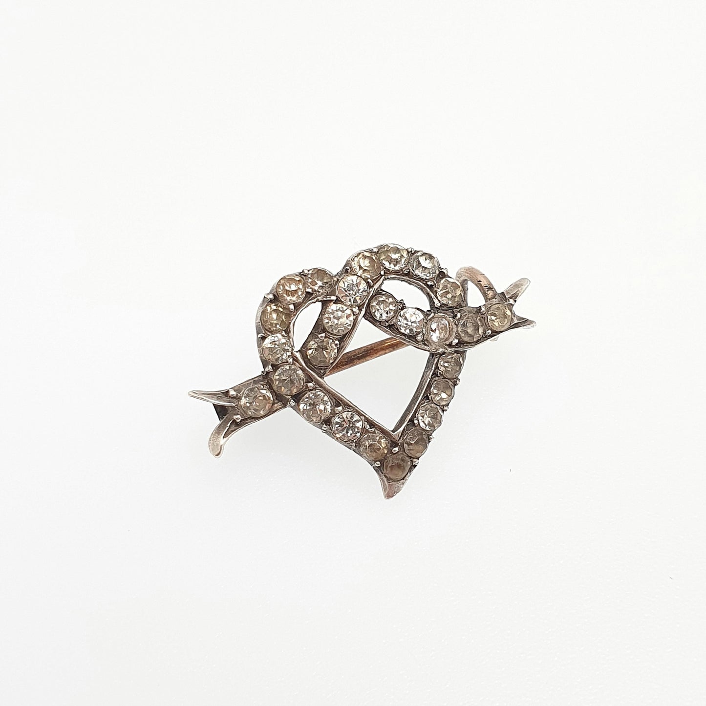 Antique Victorian Solid Silver Heart Brooch Diamond Paste Winged Ribbon Vintage 1800s Love Gift Romantic Womens Jewelry Jewellery