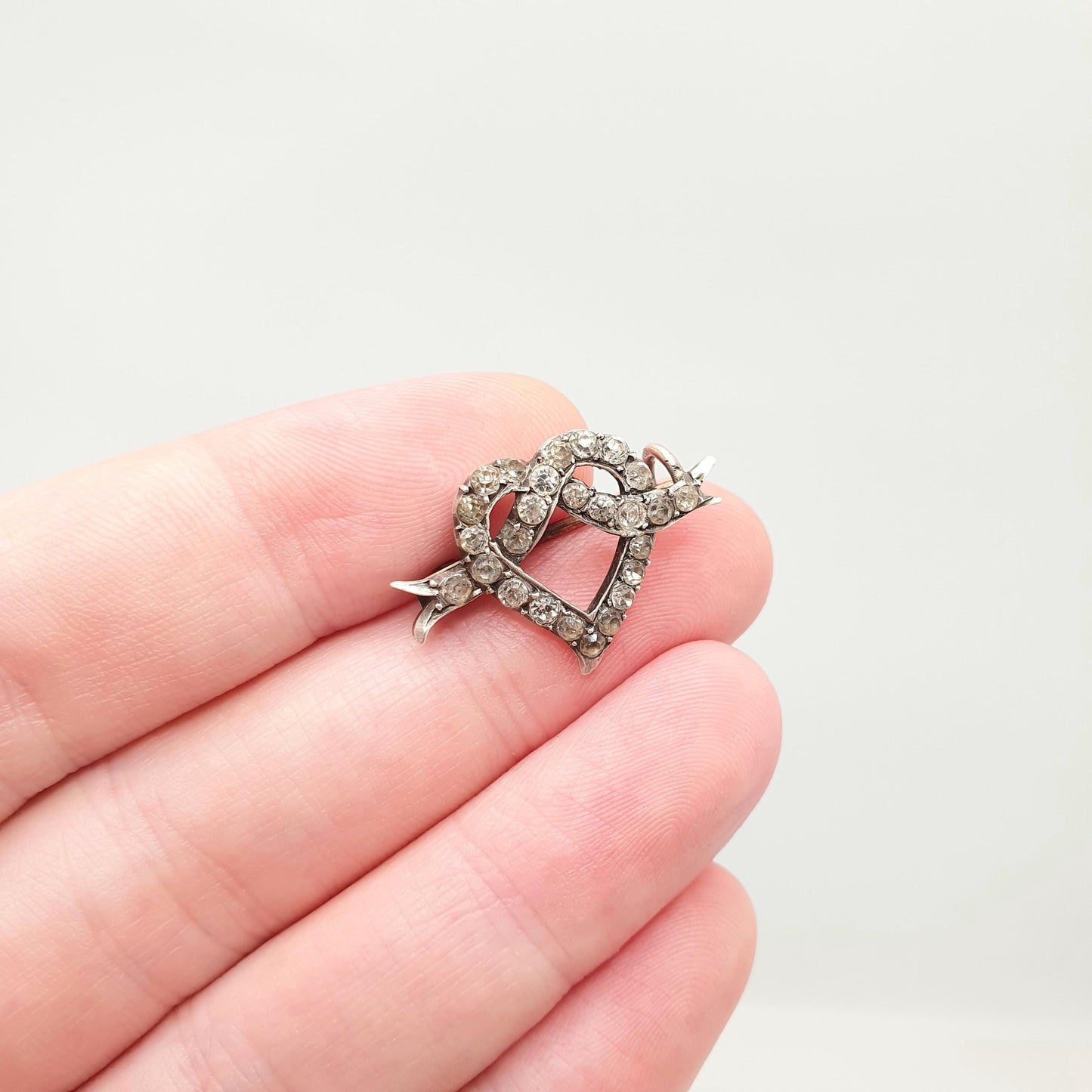 Antique Victorian Solid Silver Heart Brooch Diamond Paste Winged Ribbon Vintage 1800s Love Gift Romantic Womens Jewelry Jewellery