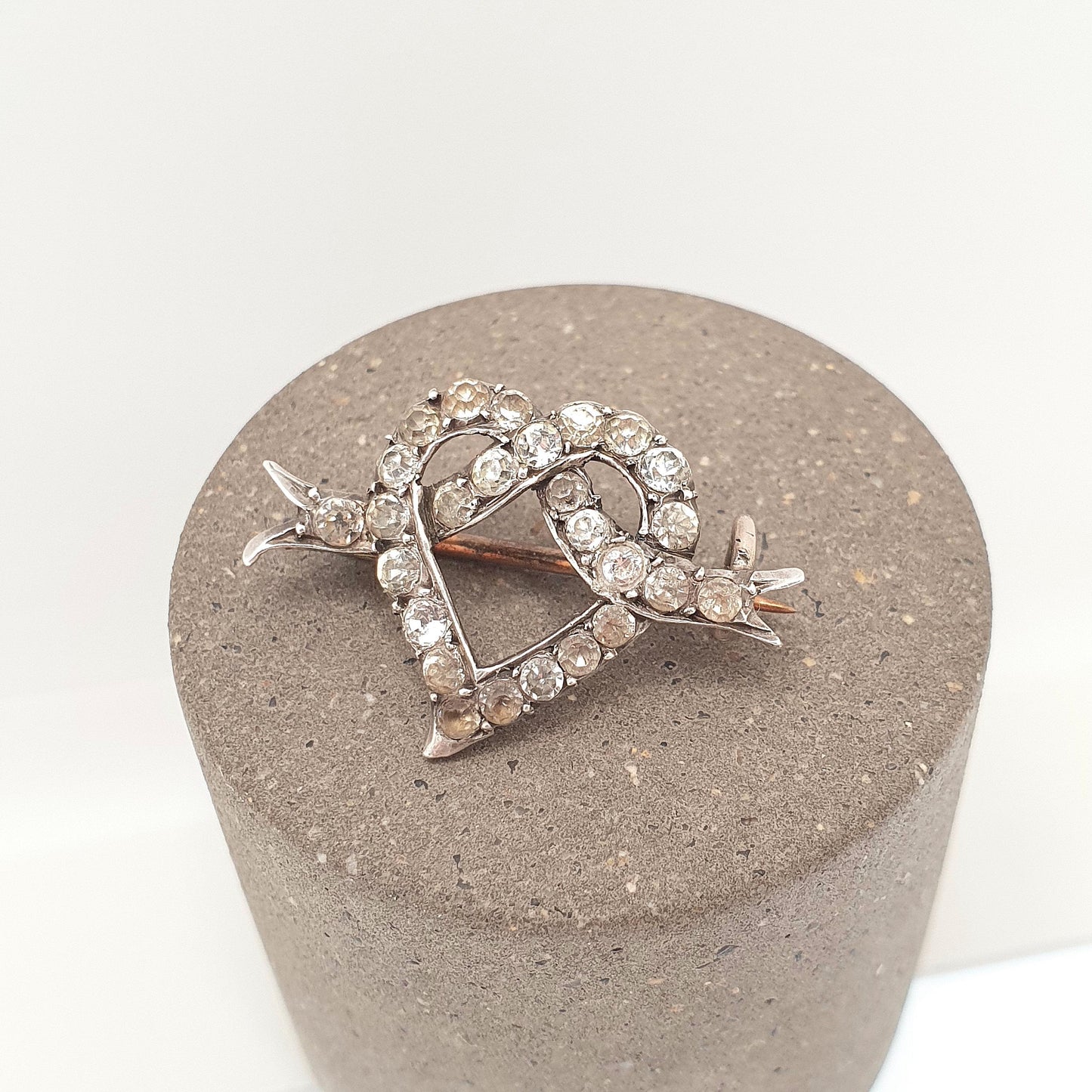 Antique Victorian Solid Silver Heart Brooch Diamond Paste Winged Ribbon Vintage 1800s Love Gift Romantic Womens Jewelry Jewellery