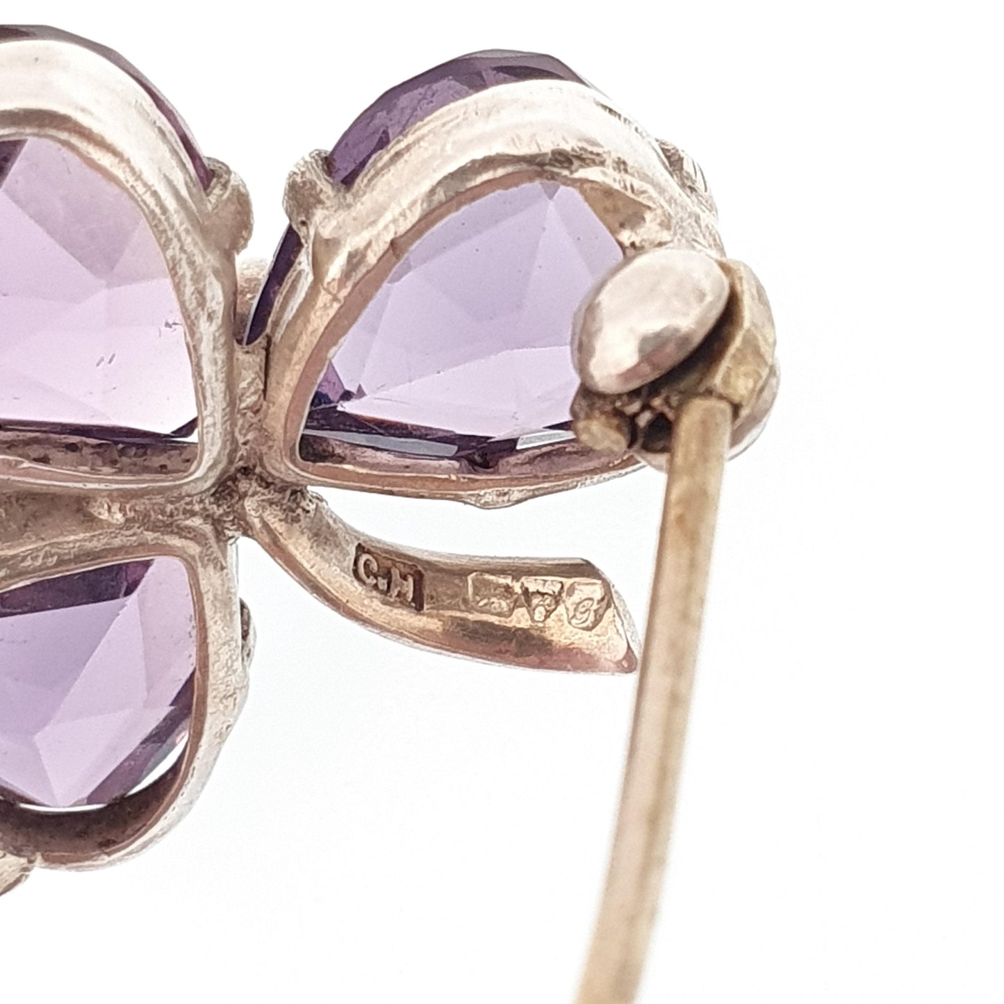 Antique CHARLES HORNER Sterling Silver Clover Brooch Amethyst Paste 1907 Hallmark Chester Lucky Irish Pin Vintage 1900s Jewelry Jewellery