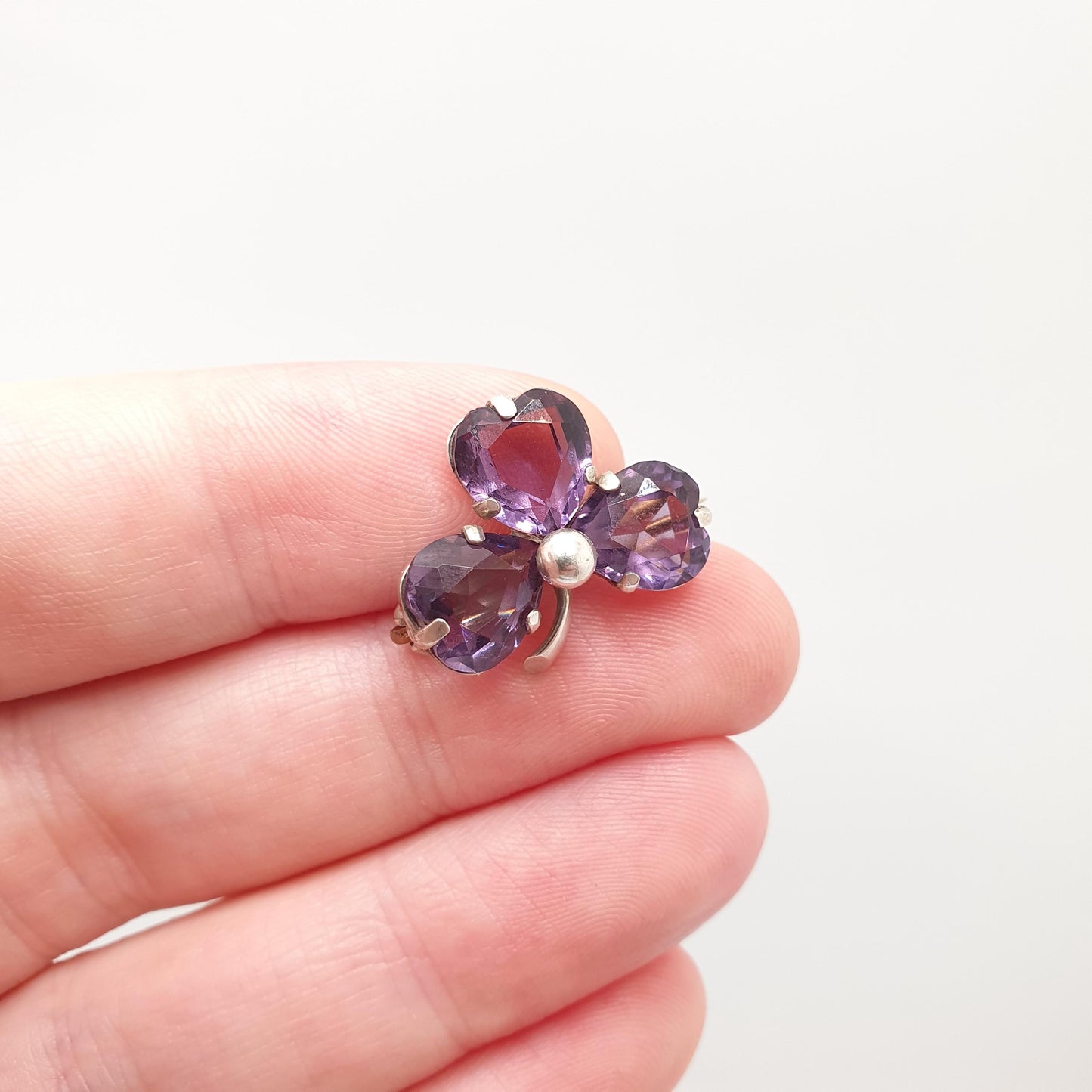 Antique CHARLES HORNER Sterling Silver Clover Brooch Amethyst Paste 1907 Hallmark Chester Lucky Irish Pin Vintage 1900s Jewelry Jewellery