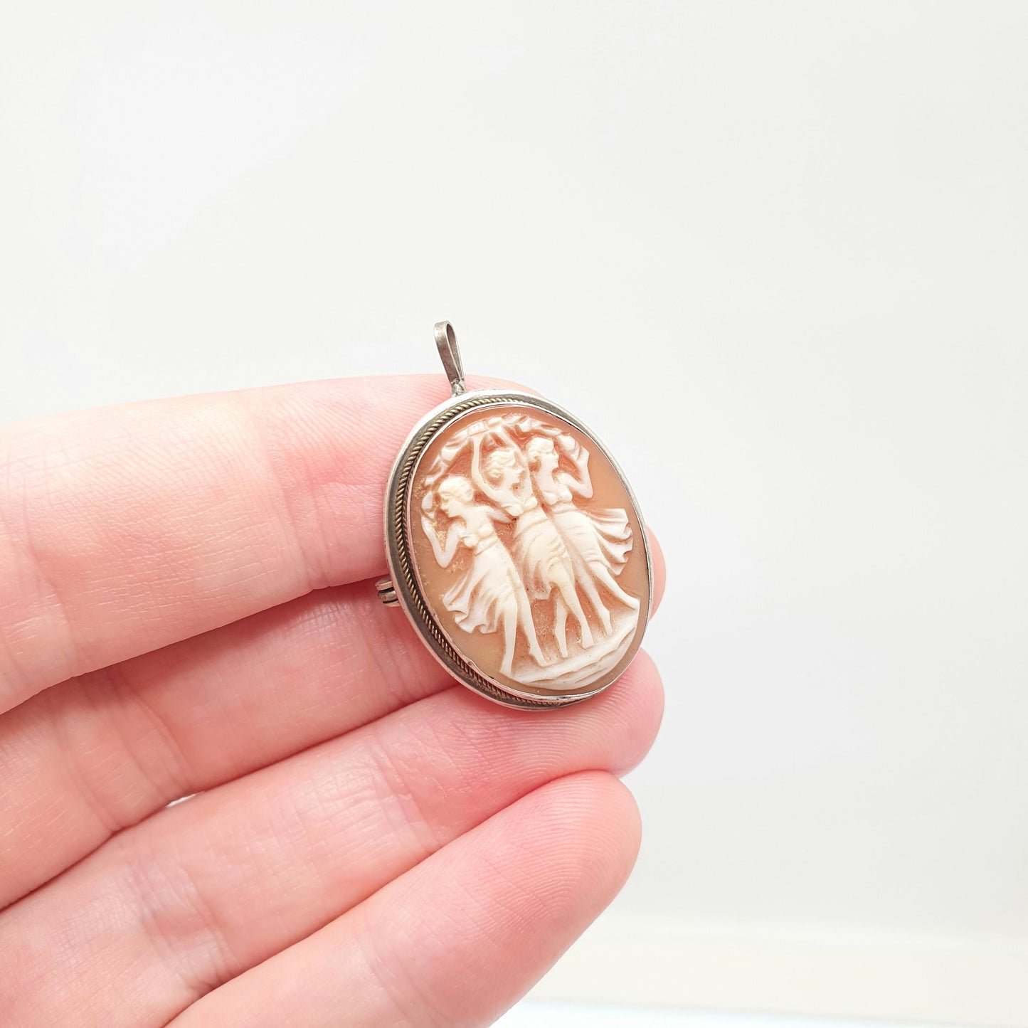 Antique Three Graces Cameo Solid Silver Pendant Necklace Brooch Hand Carved Shell Artisan European Italian Jewelry Womens Jewellery