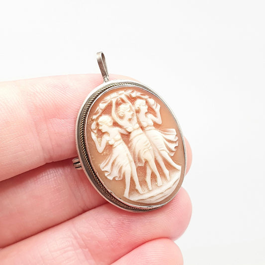 Antique Three Graces Cameo Solid Silver Pendant Necklace Brooch Hand Carved Shell Artisan European Italian Jewelry Womens Jewellery