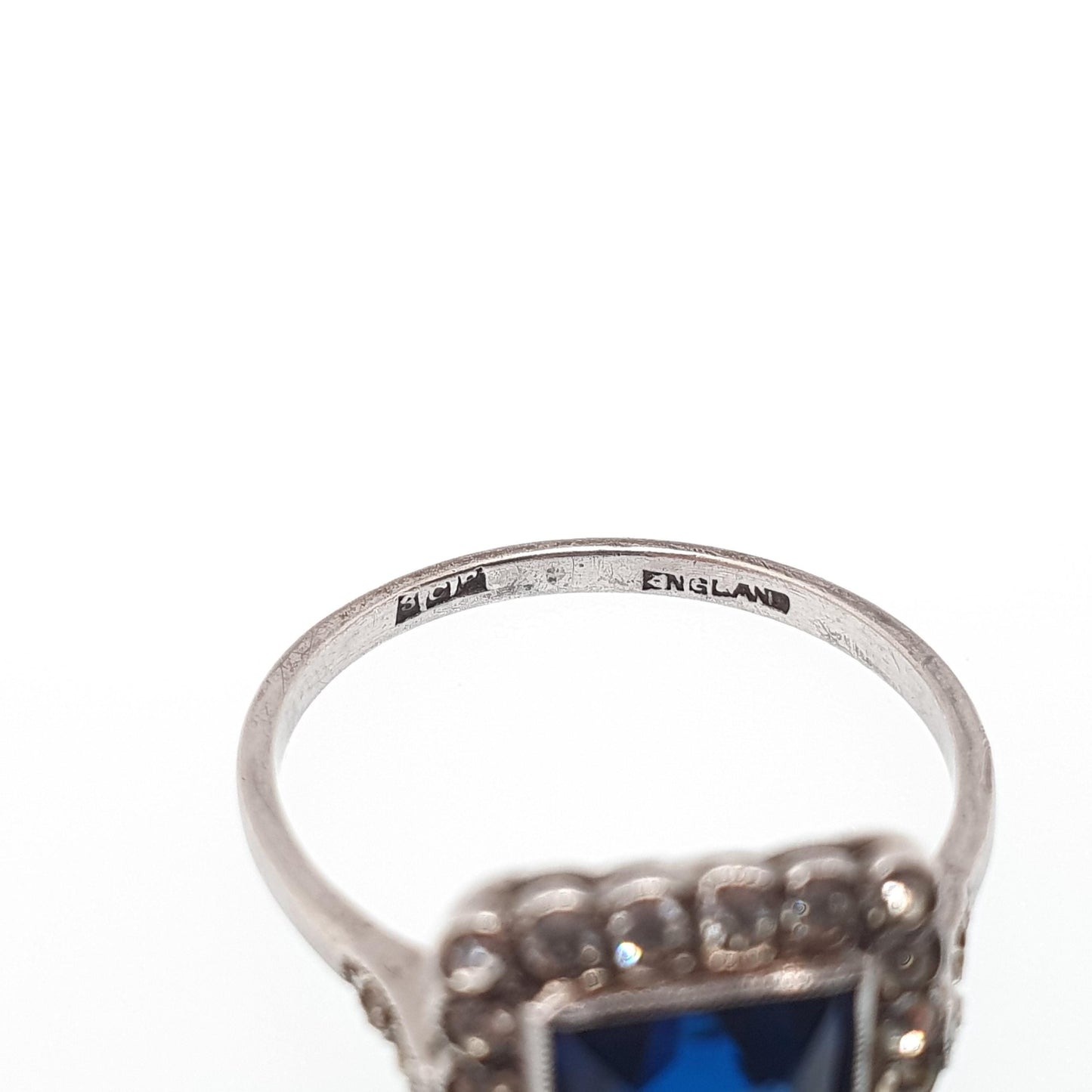 Antique Sterling Silver Sapphire Paste Ring SCP Ciro Diamond Pastes Square Signet Art Deco 1920s Vintage Ladies Womens Jewelry Jewellery
