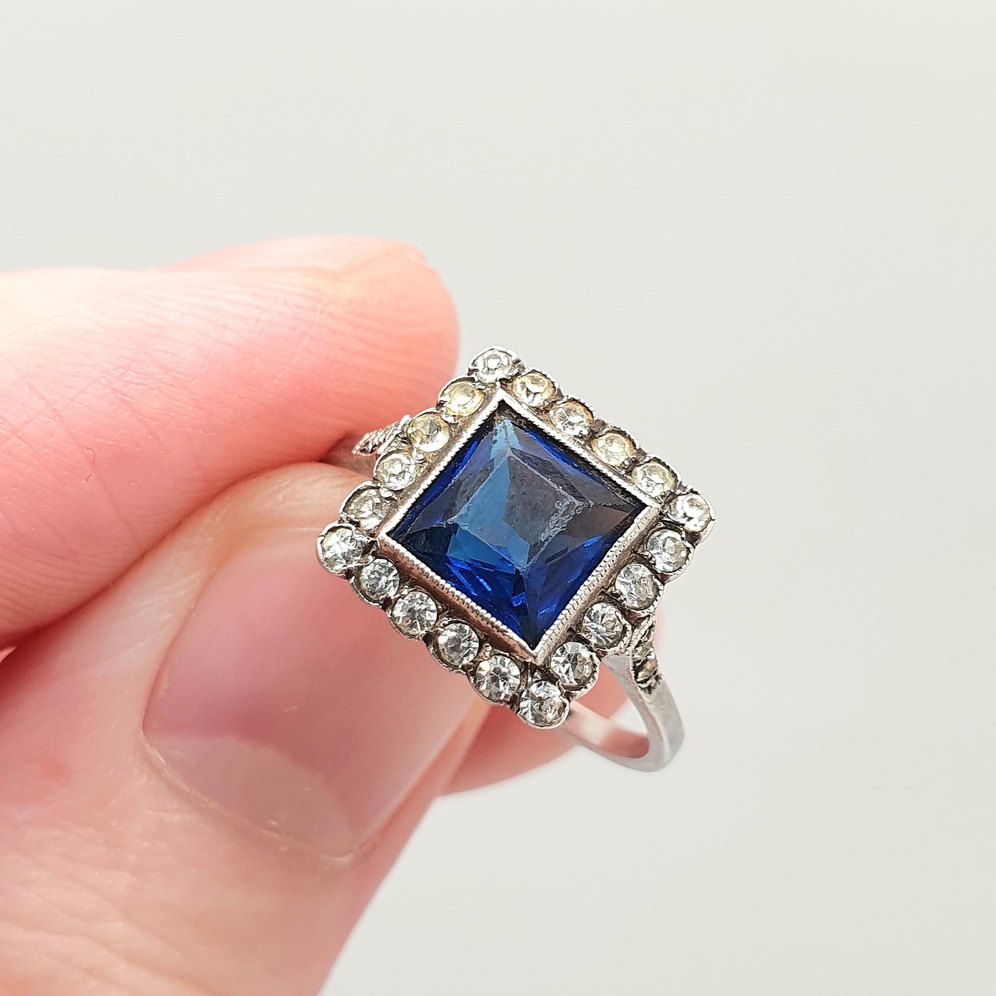 Antique Sterling Silver Sapphire Paste Ring SCP Ciro Diamond Pastes Square Signet Art Deco 1920s Vintage Ladies Womens Jewelry Jewellery