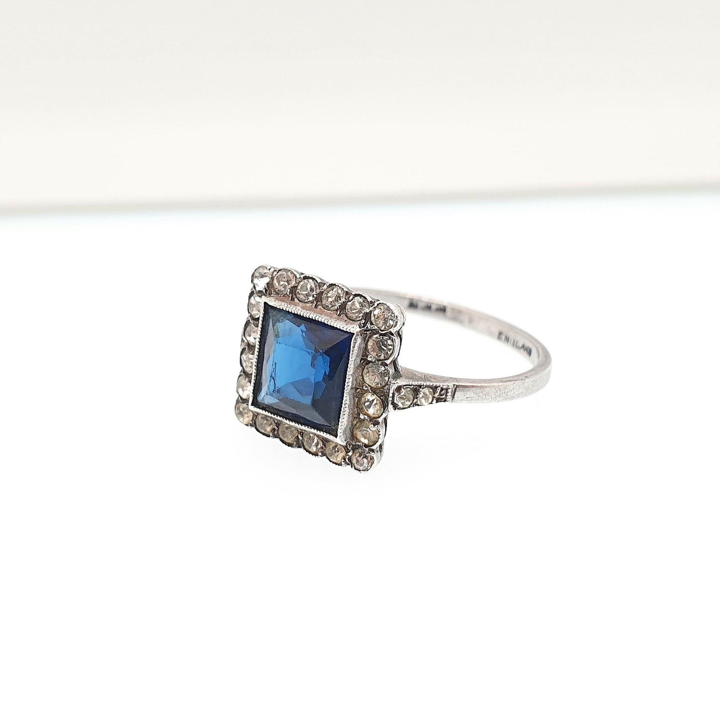 Antique Sterling Silver Sapphire Paste Ring SCP Ciro Diamond Pastes Square Signet Art Deco 1920s Vintage Ladies Womens Jewelry Jewellery