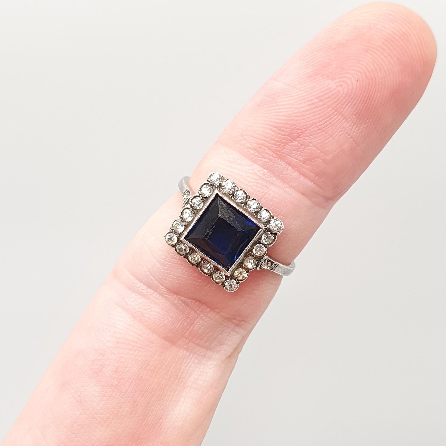 Antique Sterling Silver Sapphire Paste Ring SCP Ciro Diamond Pastes Square Signet Art Deco 1920s Vintage Ladies Womens Jewelry Jewellery