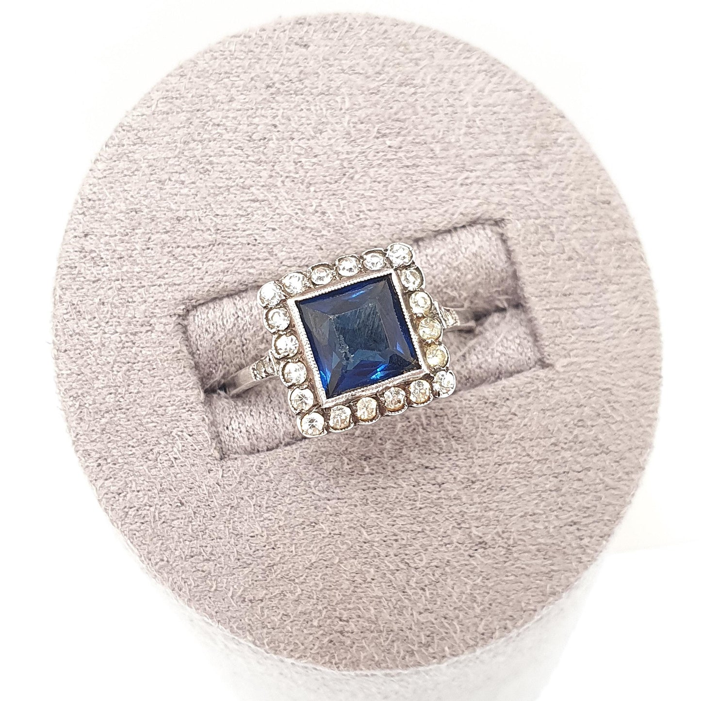 Antique Sterling Silver Sapphire Paste Ring SCP Ciro Diamond Pastes Square Signet Art Deco 1920s Vintage Ladies Womens Jewelry Jewellery